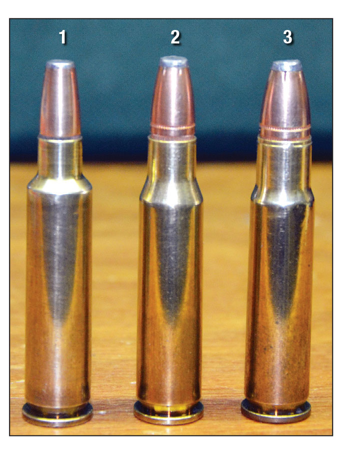 Like the .307 Winchester and .356 Winchester, the 7mm STE was developed for lever-action rifles with tubular magazines: (1) 7mm STE, (2) .307 Winchester and (3) .356 Winchester.